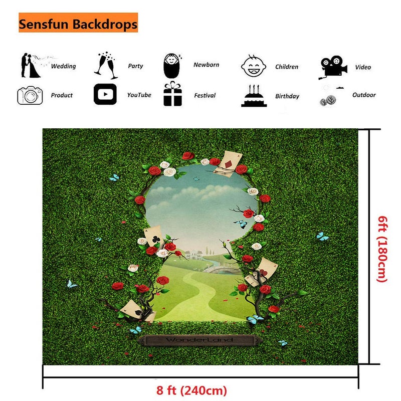 Sensfun 8x6ft Wonderland Photo Backdrop Fantasy Fairy Tale Green Grass Gate to Wonderland Photography Background for Kids Newborn Girls Birthday Cake Table Photo Booth Banner Studio Props (SXY1326) - Image 3